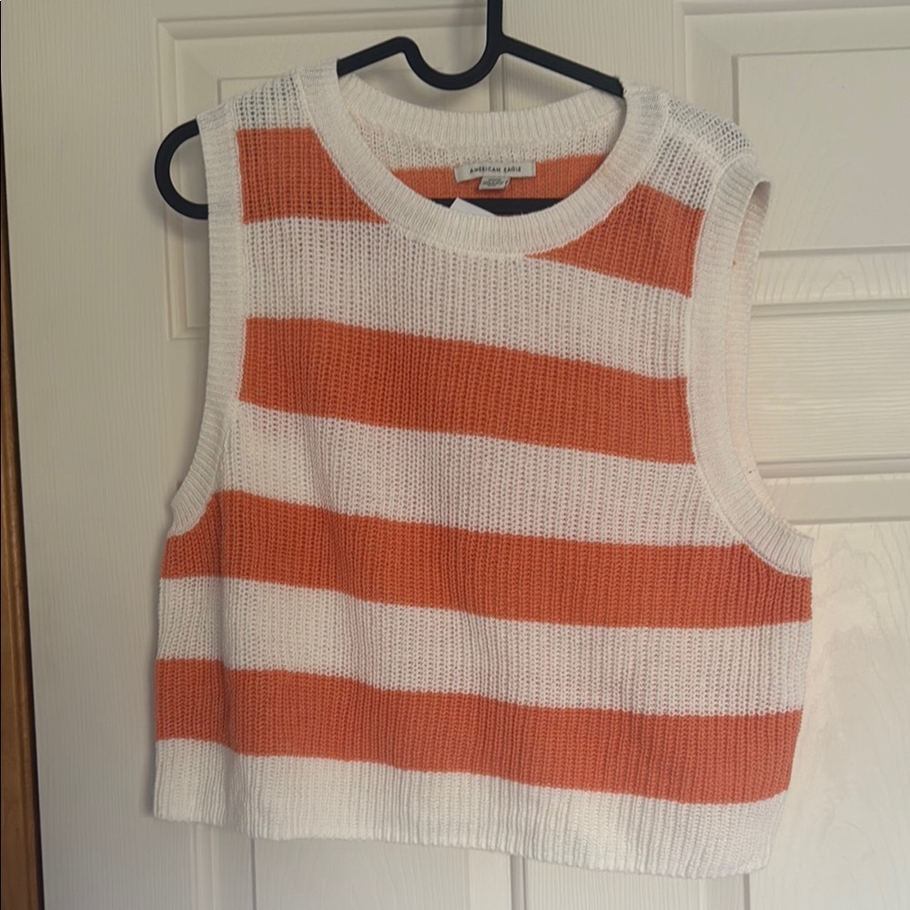AE Orange and White Striped Knit Tank Top